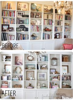 before and after shots of a bookshelf with white painted shelves filled with books