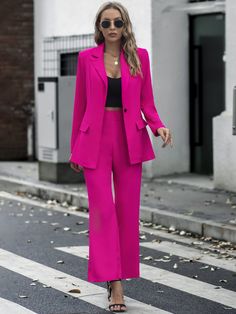 Pink Pant Suit, Hot Pink Blazer Outfit Classy, Fuchsia Suits Women, Pink Blazer Set, Saco Fucsia Outfit, Fushia Pink Outfit, Hot Pink Suit, Outfit Blazer Rosa Fiusha, Hot Pink And Black Outfit