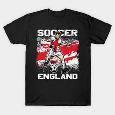 a soccer player is kicking the ball with england flag on it's chest and says soccer england