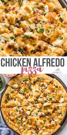 the chicken alfredo pizza is ready to be eaten and put in the oven for dinner