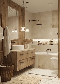 a bathroom with a toilet, sink and bathtub next to a shower head mounted on the wall