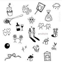 some black and white drawings with different things on them, including flowers, wine glasses, candles