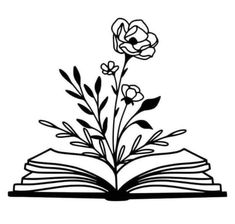 an open book with flowers on top and leaves coming out of the pages, in black and white