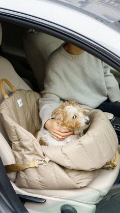 a woman sitting in the back seat of a car holding a small dog on her lap