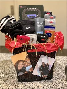 a gift basket filled with personal items on top of a table