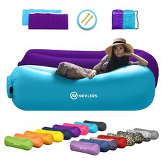 an inflatable bed with various items and accessories for it, including a woman laying on