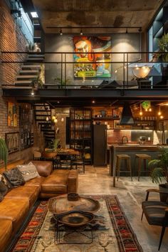 a living room filled with furniture and a fire place next to a stair case on top of a brick wall