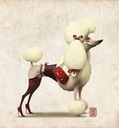 a white poodle with red bows on it's back standing in front of a wall