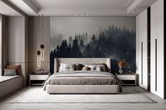 a bedroom with a large painting on the wall and a bed in front of it