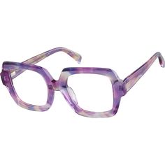 These devilishly bold square glasses are part of the Iris Apfel x Zenni Collection designed by style icon Iris Apfel. Made from the highest quality acetate the eyeglasses is hand-polished for an amazing shine. With it's streamlined design elements the look wears well as both eye-catching glasses and stunning sunglasses (try them with fashion-tinted lenses!). For added comfort and durability the eyeglasses is fitted with spring hinges and has wider temple arms. | Zenni Women's Square Prescription Purple Eye Glasses Frames, Modern Purple Sunglasses With Square Frame, Purple Glasses Square, Purple Eyeglasses, Purple Square Frame Sunglasses With Gradient Lenses, Zenni Optical, Streamline Design, Streamlined Design, Square Glasses