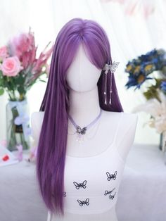 Transform your look with our stunning purple long straight synthetic wig, featuring chic curtain bangs. This high-quality wig boasts a rich, vibrant purple hue that adds a bold, fashionable statement to any outfit. The long, sleek strands are crafted from premium synthetic fibers, ensuring a natural appearance and soft texture. The curtain bangs frame your face beautifully, providing a touch of elegance and modern style. Perfect for cosplay, themed parties, or simply elevating your everyday look Deep Purple Hair, Double Ponytail, Purple Wig, Ribbon Hairstyle, High Quality Wigs, Cosplay Hair, Kawaii Hairstyles, Favorite Hairstyles, Hair Reference