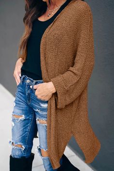 Brown Knit Cardigan Casual V-neck Knit Cardigan, Casual Long Knitted Cardigan, Long Casual Knitted Sweater, Casual Long Knitted Sweater, Knit Open Front Outerwear In Solid Color, Knit Open Front Outerwear, Knit Outerwear With Open Front In Solid Color, Brown V-neck Sweater Coat For Spring, Brown Solid Color Sweater For Fall