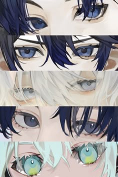 four different anime eyes with blue and white hair, one is looking at the camera