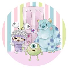 three cartoon monsters are standing in front of a pink and blue door with two eyes