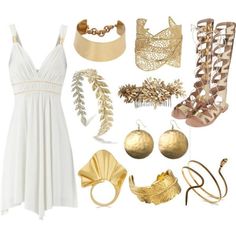 a white dress with gold accessories and jewelry on it's side, including shoes