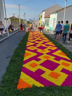 people are walking down the street with colorful flowers on the grass in front of them