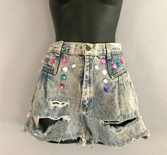 Vintage 80s Chance Cut Offs denim high waist shorts attached rhinestones sz 14, Cheeky beach cut off frayed extreme cuts retro denim shorts. 80s Shorts, Jean Short Outfits, 80s Denim, Jean Vintage, Retro Shorts, Cut Offs, High Waist Shorts, High Waisted Jean Shorts, High Waisted Shorts Denim