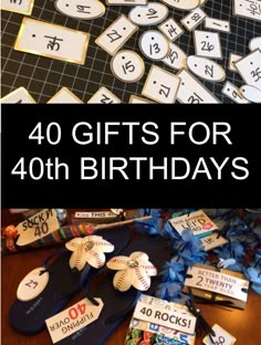 the words 40 gifts for forty birthdays are displayed in front of a pile of sports themed items