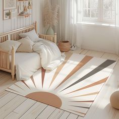 a bed room with a neatly made bed and a rug on the floor next to it