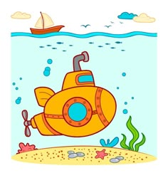 a yellow submarine floating in the ocean