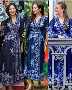 two women standing next to each other wearing blue and white dresses with flowers on them