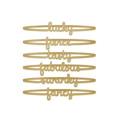 three gold metal bracelets with words on them