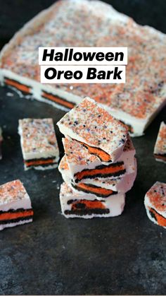 halloween oreo bark is stacked on top of each other