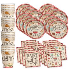 a set of baby shower party supplies including plates, napkins and cups