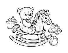 a black and white drawing of a teddy bear riding on a rocking horse with toys