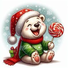 a teddy bear wearing a santa hat and holding a lollipop in its paws