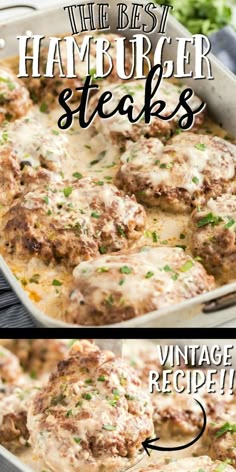 the best hamburger steaks recipe is shown in two different pans, one with meatballs and cheese