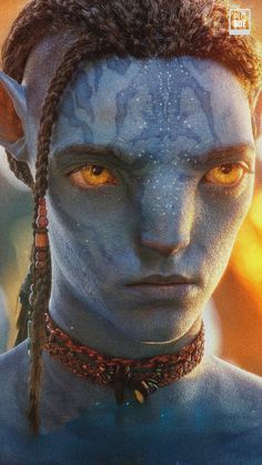 an avatar from avatar with yellow eyes and braids on his head, looking at the camera