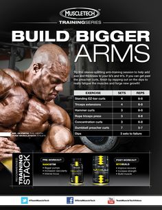 the back of a man's chest and arms, with instructions on how to build bigger arms