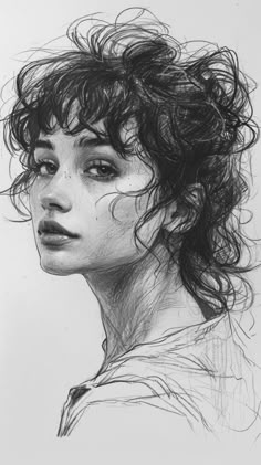 a drawing of a woman with curly hair