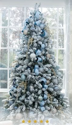 a decorated christmas tree in front of a window with blue and silver ornaments on it