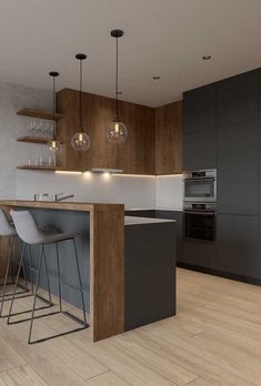 an image of a modern kitchen setting with bar stools