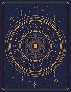 an astro wheel with stars and planets in the middle on a dark blue background illustration