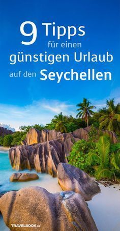 a beach with rocks and palm trees in the foreground text reads 9 tips fur enn gunstigen urlaub