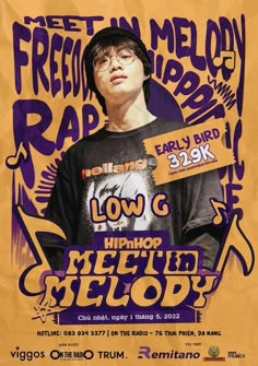 a poster with a man wearing glasses and a t - shirt