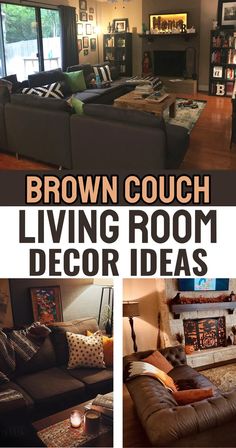 the living room is decorated with brown couches and other decorating items, including bookshelves