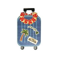 a piece of luggage with an image of a palm tree and flowers on the handle