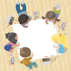 an overhead view of children sitting around a white board with crayons and pencils on it