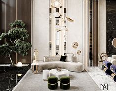 an elegant living room with marble walls and flooring is decorated in black, white and gold