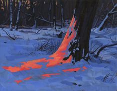 an oil painting of trees in the snow with bright orange flames coming out of them