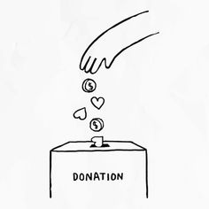 a hand dropping money into a box with the word donation written on it and hearts coming out