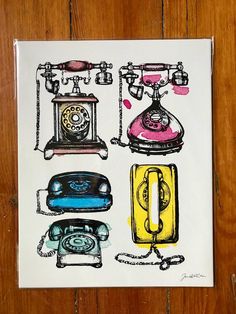 a drawing of an old fashioned phone and two telephones