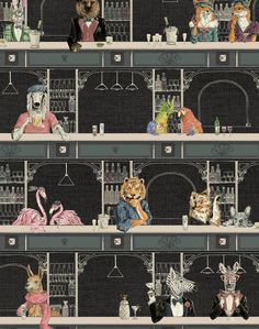 a wallpaper with cats, dogs and other animals on it's shelves in a bar