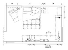 a drawing of a bedroom with furniture and floor plans