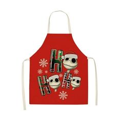 a red apron with skulls on it and the words h is for holiday written in black