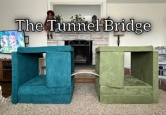 three different colored chairs sitting in front of a fireplace with the words, the tunnel bridge